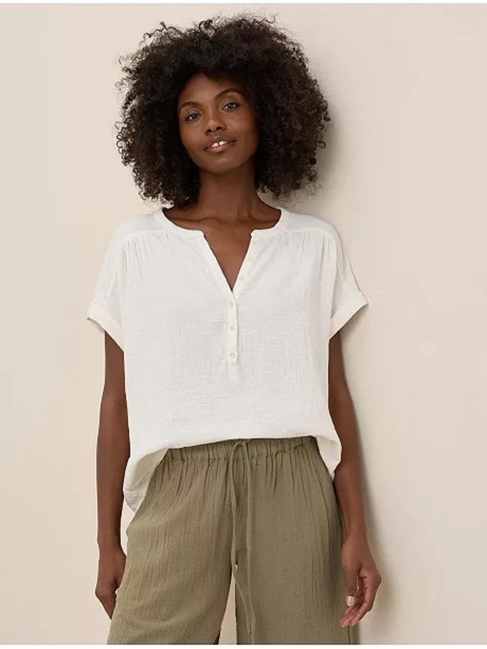 Pact Organic Coastal Gauze Button-Up Short Sleeve Popover Shirt, L, white cream